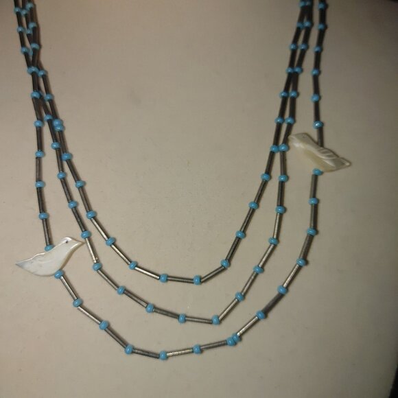 Vintage Fetish Multi Strand Necklace Turquoise Silver 925 Bead Mother Of Pearl - Picture 5 of 9
